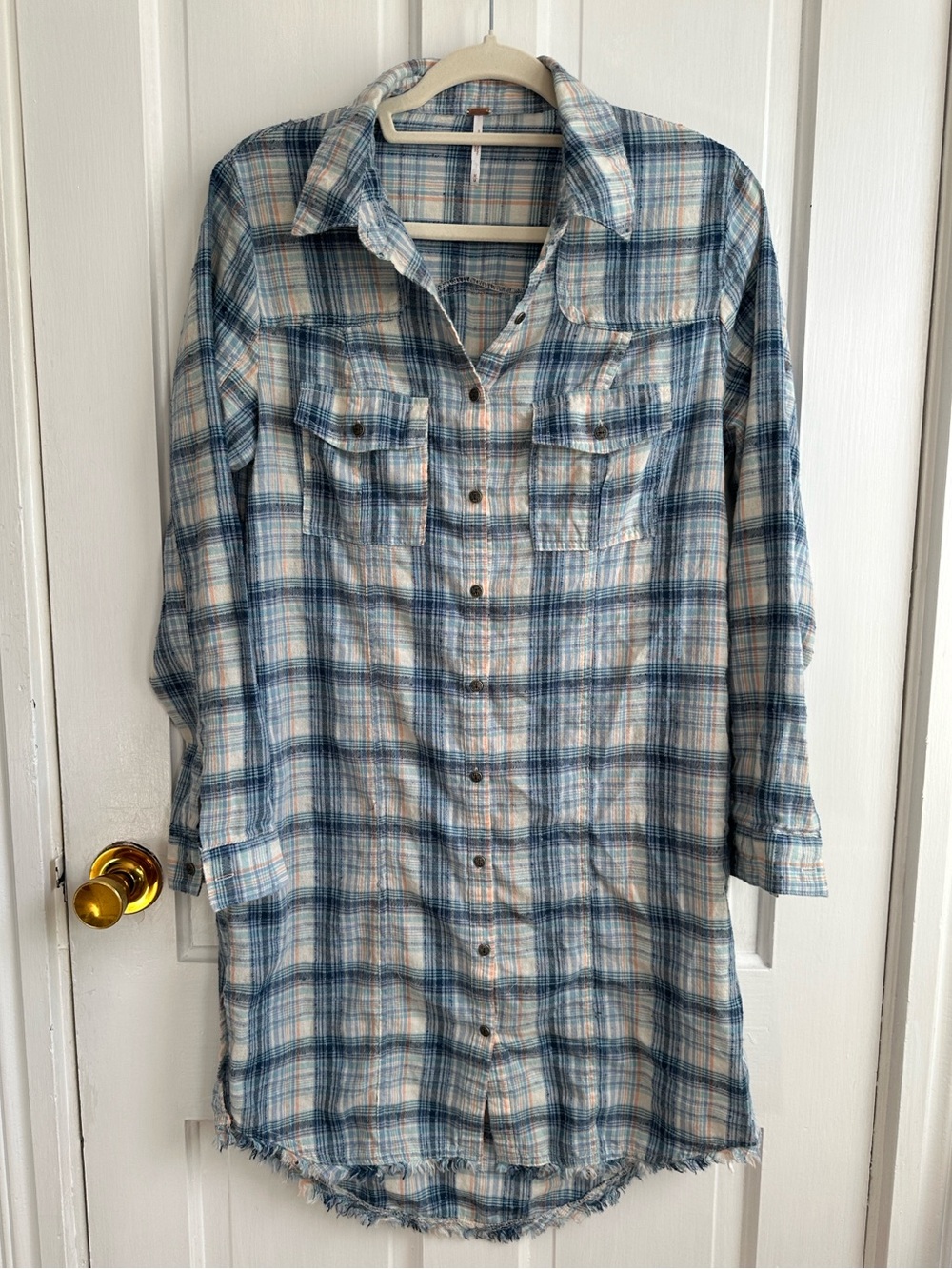 Free People Eight Days a Week Blue and Cream Plaid Button-Up Shirt Dress
